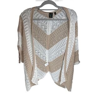 Boho Tan‎ White Open Knit Chevron Sweater Women's Size Small Crochet Cottagecore